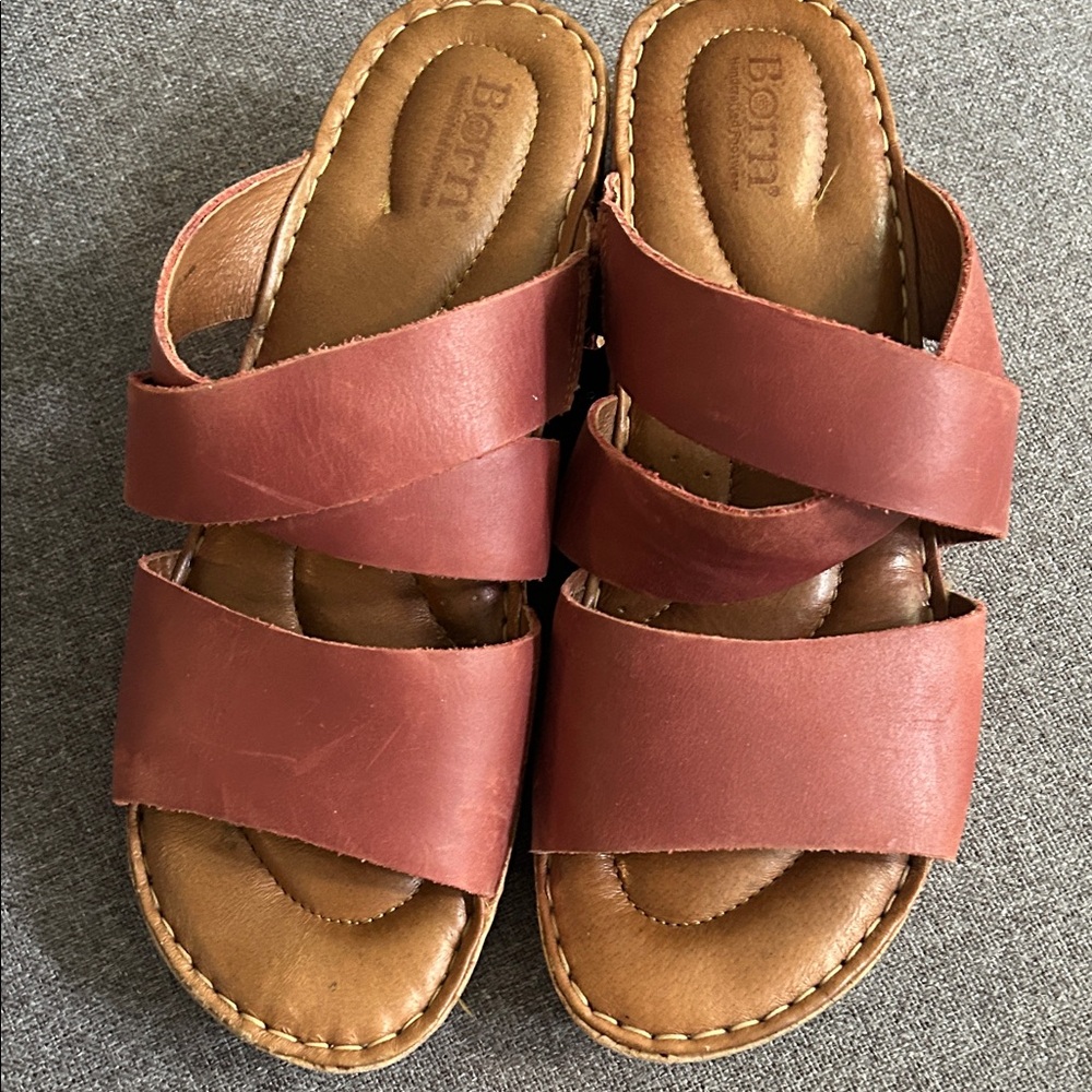 Born Tan and Brown Leather Slide Sandals